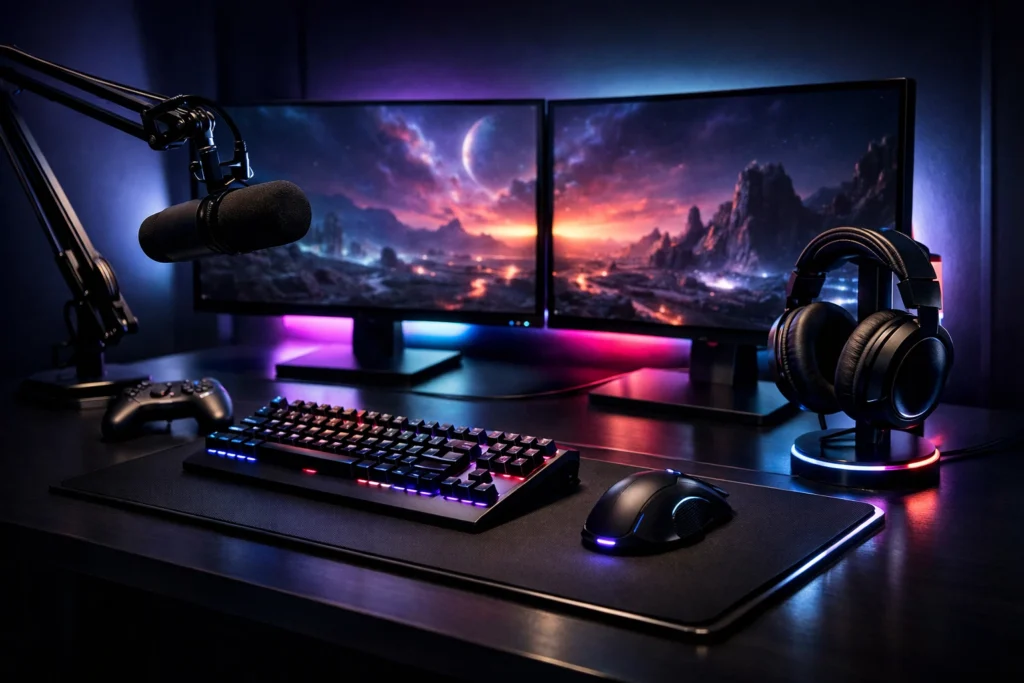 5 Must-Have Accessories for a Pro Gaming Setup 2 Futuristic gaming setup with RGB lighting