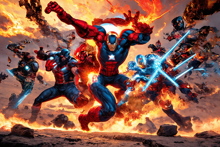 Epic action scene inspired by Marvel Rivals game characters dynamic comic-book style artwork showing multiple Marvel heroes in intense battle poses on a vibrant landscape background. Emphasize dramatic lighting, bold colors, high energy, and depth.