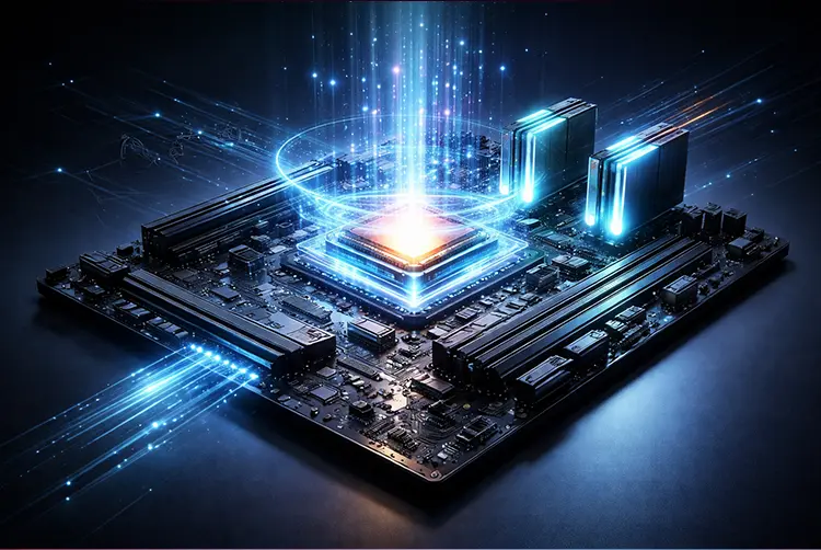 Futuristic motherboard with glowing CPU