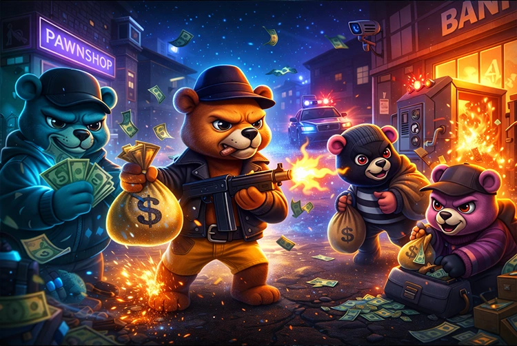 Shady Bears heist under neon lights