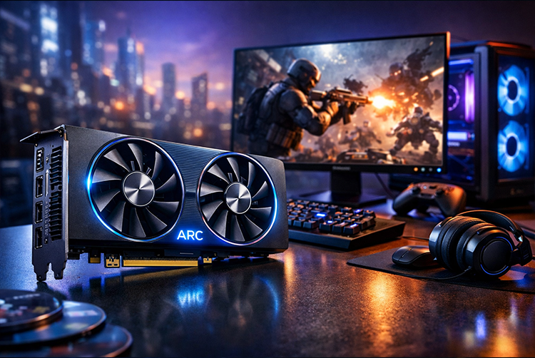 Intel Arc B570: The Affordable GPU Powering Modern Gaming on a Budget 1 Futuristic gaming setup with Intel Arc B570 card