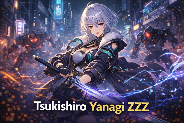 Tsukishiro Yanagi zzz in a neon city