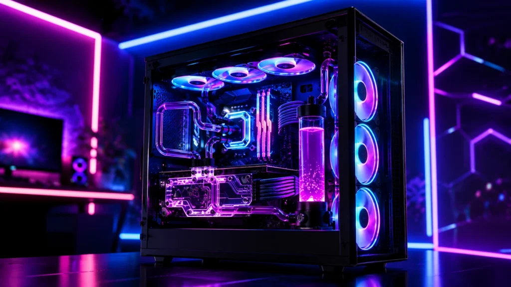 Futuristic gaming PC in neon glow